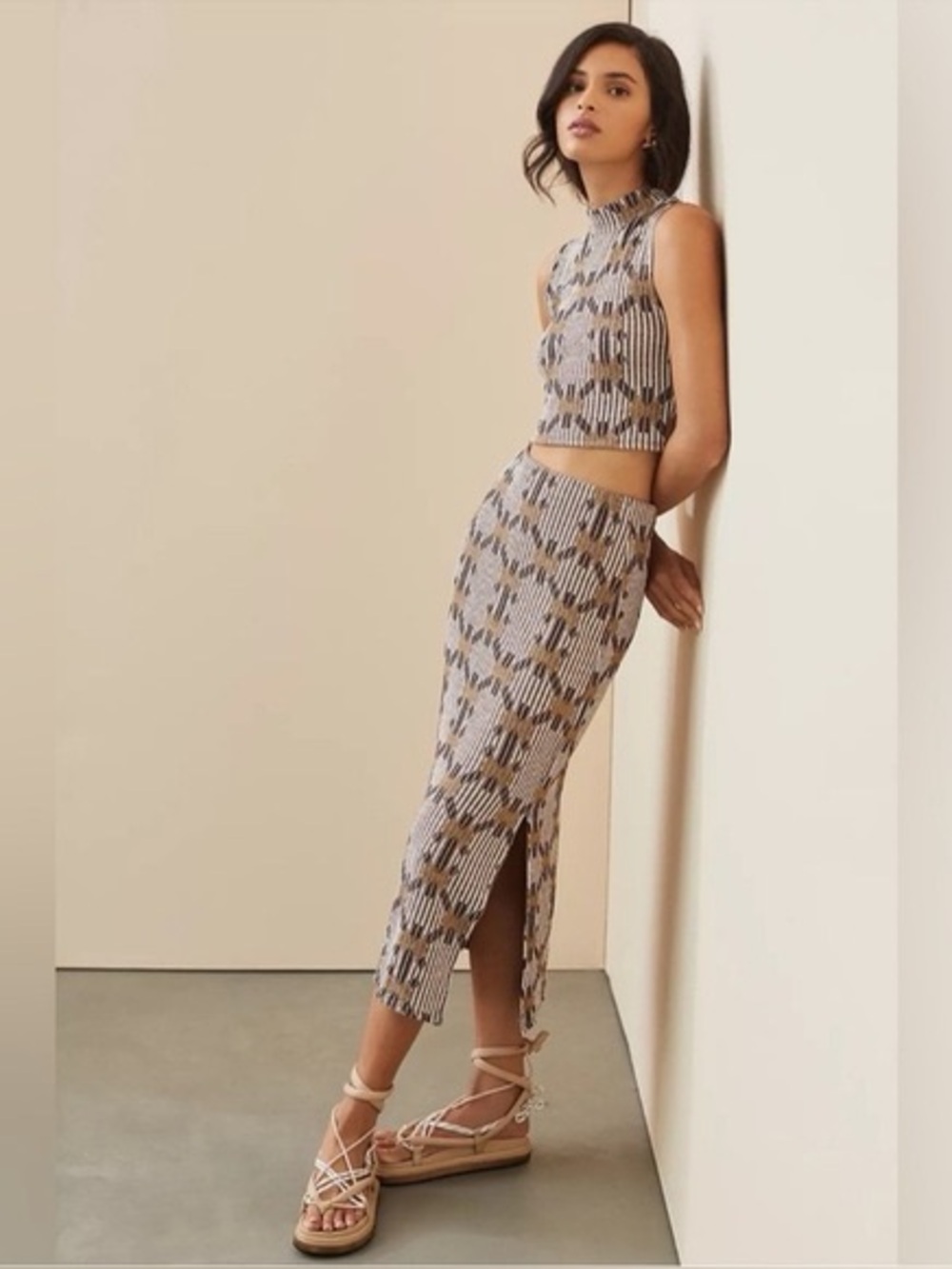 Anthropologie Beige and Brown Floral-Stripe Midi Skirt